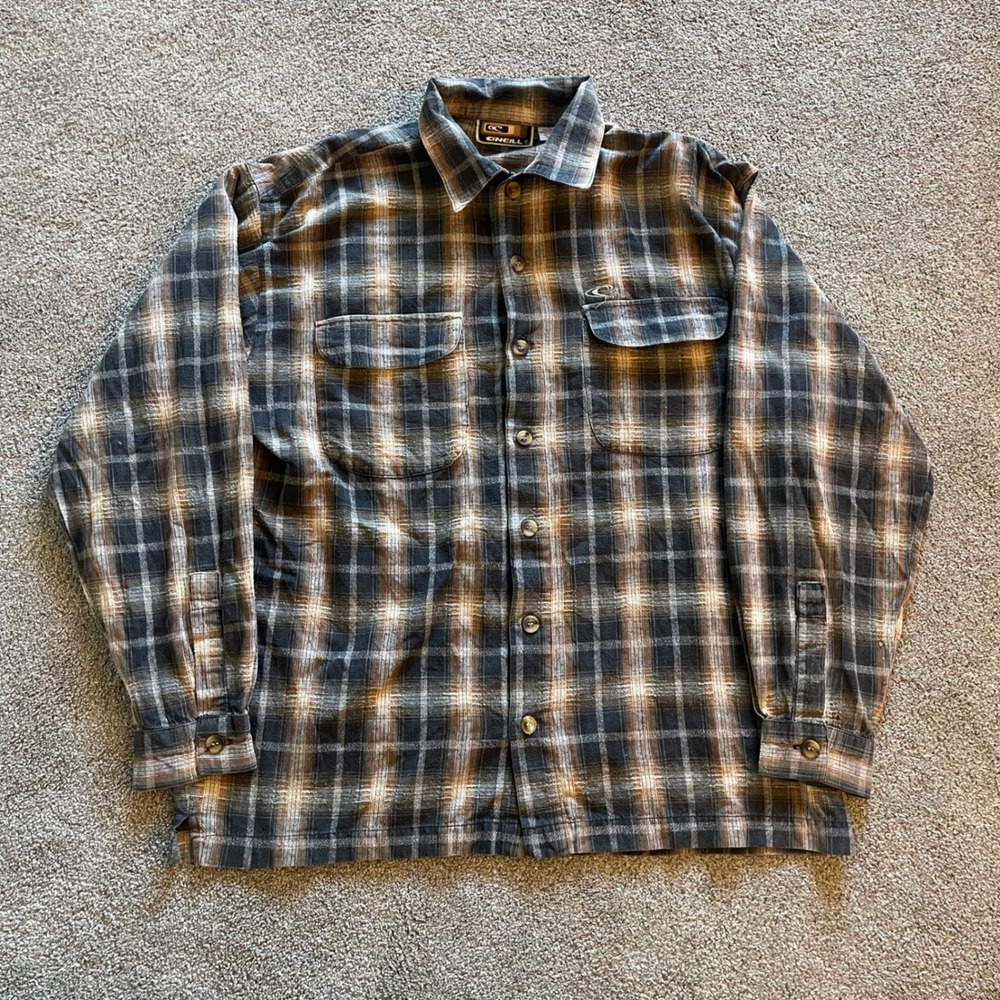 Mens O'Neill Plaid Button Down Shirt Large Brown Grey Excellent Long Sleeve